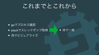 これまでとこれから
• jpsでプロセス確認
• jstackでスレッドダンプ取得
• 侍でビジュアライズ
• 侍で一発
 