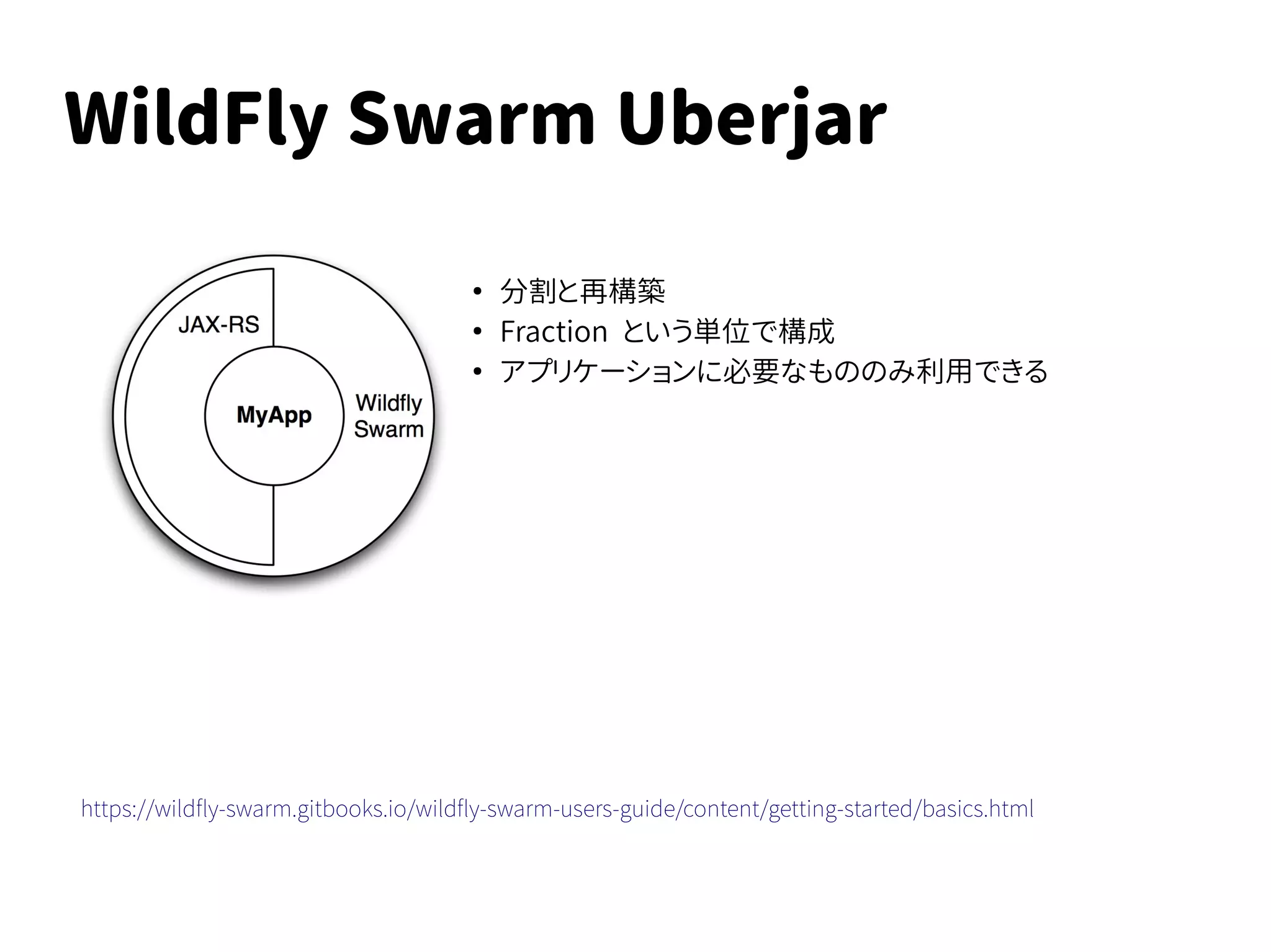 WildFly Swarm Uberjar
●
分割と再構築
●
Fraction という単位で構成
●
アプリケーションに必要なもののみ利用できる
https://wildfly-swarm.gitbooks.io/wildfly-swarm-users-guide/content/getting-started/basics.html
 