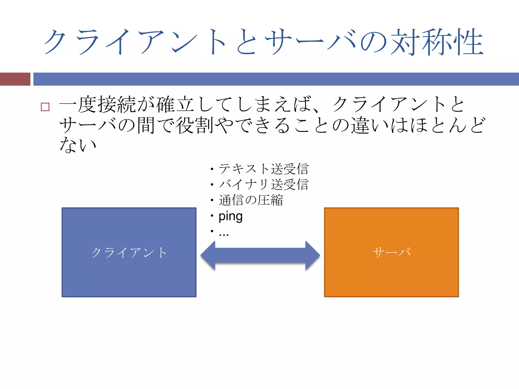クライアントとサーバの対称性
   一度接続が確立してしまえば、クライアントと
    サーバの間で役割やできることの違いはほとんど
    ない
              ・テキスト送受信
              ・バイナリ送受信
              ・通信の圧縮
              ・ping
              ・...
     クライアント              サーバ
 