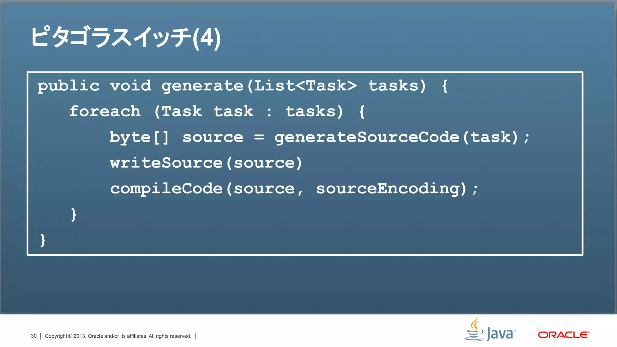 ピタゴラスイッチ(4)
     public void generate(List<Task> tasks) {
        foreach (Task task : tasks) {
            byte[] source = generateSourceCode(task);
            writeSource(source)
            compileCode(source, sourceEncoding);
        }
     }




30   Copyright © 2013, Oracle and/or its affiliates. All rights reserved.
 