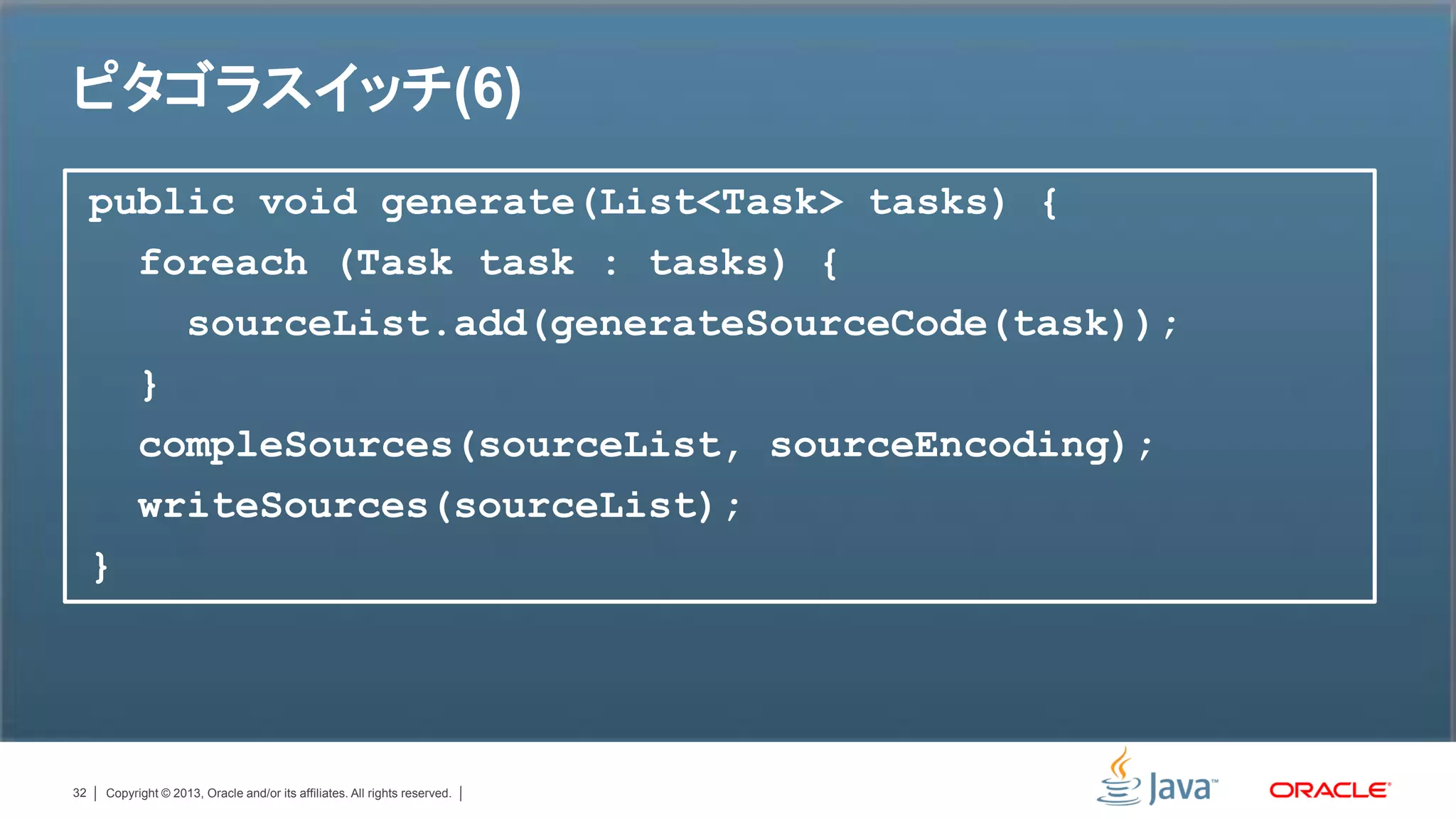 ピタゴラスイッチ(6)
     public void generate(List<Task> tasks) {
       foreach (Task task : tasks) {
         sourceList.add(generateSourceCode(task));
       }
       compleSources(sourceList, sourceEncoding);
       writeSources(sourceList);
     }




32   Copyright © 2013, Oracle and/or its affiliates. All rights reserved.
 