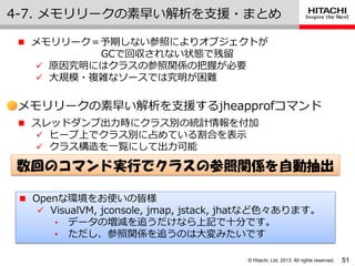 © Hitachi, Ltd. 2013. All rights reserved.
4-7. メモリリークの素早い解析を支援・まとめ
51
メモリリークの素早い解析を支援するjheapprofコマンド
 メモリリーク＝予期しない参照によりオブジェクトが
GCで回収されない状態で残留
 原因究明にはクラスの参照関係の把握が必要
 大規模・複雑なソースでは究明が困難
 スレッドダンプ出力時にクラス別の統計情報を付加
 ヒープ上でクラス別に占めている割合を表示
 クラス構造を一覧にして出力可能
数回のコマンド実行でクラスの参照関係を自動抽出
 Openな環境をお使いの皆様
 VisualVM, jconsole, jmap, jstack, jhatなど色々あります。
• データの増減を追うだけなら上記で十分です。
• ただし、参照関係を追うのは大変みたいです
 