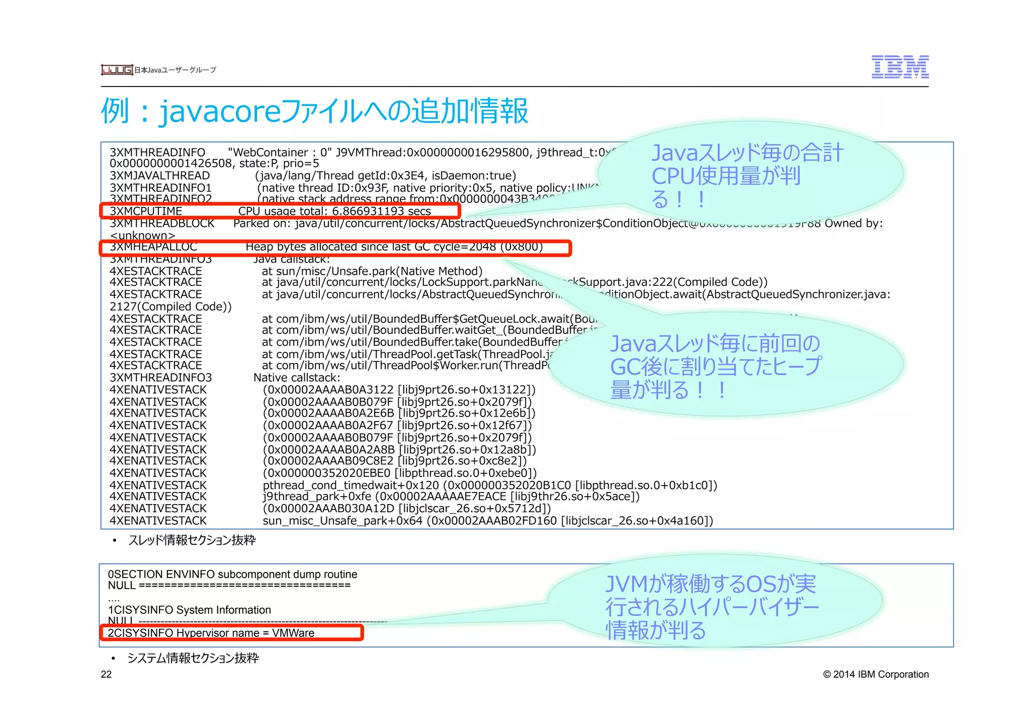 © 2014 IBM Corporation
例例：javacoreファイルへの追加情報
22
3XMTHREADINFO            "WebContainer  :  0"  J9VMThread:0x0000000016295800,  j9thread_̲t:0x00002AAABADE8040,  java/lang/Thread:
0x0000000001426508,  state:P,  prio=5
3XMJAVALTHREAD                        (java/lang/Thread  getId:0x3E4,  isDaemon:true)
3XMTHREADINFO1                        (native  thread  ID:0x93F,  native  priority:0x5,  native  policy:UNKNOWN)
3XMTHREADINFO2                        (native  stack  address  range  from:0x0000000043B34000,  to:0x0000000043B75000,  size:0x41000)
3XMCPUTIME                              CPU  usage  total:  6.866931193  secs
3XMTHREADBLOCK          Parked  on:  java/util/concurrent/locks/AbstractQueuedSynchronizer$ConditionObject@0x0000000001919F88  Owned  by:  
<unknown>
3XMHEAPALLOC                          Heap  bytes  allocated  since  last  GC  cycle=2048  (0x800)
3XMTHREADINFO3                      Java  callstack:
4XESTACKTRACE                                at  sun/misc/Unsafe.park(Native  Method)
4XESTACKTRACE                                at  java/util/concurrent/locks/LockSupport.parkNanos(LockSupport.java:222(Compiled  Code))
4XESTACKTRACE                                at  java/util/concurrent/locks/AbstractQueuedSynchronizer$ConditionObject.await(AbstractQueuedSynchronizer.java:
2127(Compiled  Code))
4XESTACKTRACE                                at  com/ibm/ws/util/BoundedBuﬀer$GetQueueLock.await(BoundedBuﬀer.java:286(Compiled  Code))
4XESTACKTRACE                                at  com/ibm/ws/util/BoundedBuﬀer.waitGet_̲(BoundedBuﬀer.java:425(Compiled  Code))
4XESTACKTRACE                                at  com/ibm/ws/util/BoundedBuﬀer.take(BoundedBuﬀer.java:823(Compiled  Code))
4XESTACKTRACE                                at  com/ibm/ws/util/ThreadPool.getTask(ThreadPool.java:1036(Compiled  Code))
4XESTACKTRACE                                at  com/ibm/ws/util/ThreadPool$Worker.run(ThreadPool.java:1888)
3XMTHREADINFO3                      Native  callstack:
4XENATIVESTACK                              (0x00002AAAAB0A3122  [libj9prt26.so+0x13122])
4XENATIVESTACK                              (0x00002AAAAB0B079F  [libj9prt26.so+0x2079f])
4XENATIVESTACK                              (0x00002AAAAB0A2E6B  [libj9prt26.so+0x12e6b])
4XENATIVESTACK                              (0x00002AAAAB0A2F67  [libj9prt26.so+0x12f67])
4XENATIVESTACK                              (0x00002AAAAB0B079F  [libj9prt26.so+0x2079f])
4XENATIVESTACK                              (0x00002AAAAB0A2A8B  [libj9prt26.so+0x12a8b])
4XENATIVESTACK                              (0x00002AAAAB09C8E2  [libj9prt26.so+0xc8e2])
4XENATIVESTACK                              (0x000000352020EBE0  [libpthread.so.0+0xebe0])
4XENATIVESTACK                              pthread_̲cond_̲timedwait+0x120  (0x000000352020B1C0  [libpthread.so.0+0xb1c0])
4XENATIVESTACK                              j9thread_̲park+0xfe  (0x00002AAAAAE7EACE  [libj9thr26.so+0x5ace])
4XENATIVESTACK                              (0x00002AAAB030A12D  [libjclscar_̲26.so+0x5712d])
4XENATIVESTACK                              sun_̲misc_̲Unsafe_̲park+0x64  (0x00002AAAB02FD160  [libjclscar_̲26.so+0x4a160])
Javaスレッド毎の合計
CPU使⽤用量量が判
る！！
Javaスレッド毎に前回の
GC後に割り当てたヒープ
量量が判る！！
0SECTION ENVINFO subcomponent dump routine
NULL =================================
....
1CISYSINFO System Information
NULL --------------------------------------------------------------------
2CISYSINFO Hypervisor name = VMWare
•  スレッド情報セクション抜粋
•  システム情報セクション抜粋
JVMが稼働するOSが実
⾏行行されるハイパーバイザー
情報が判る
 