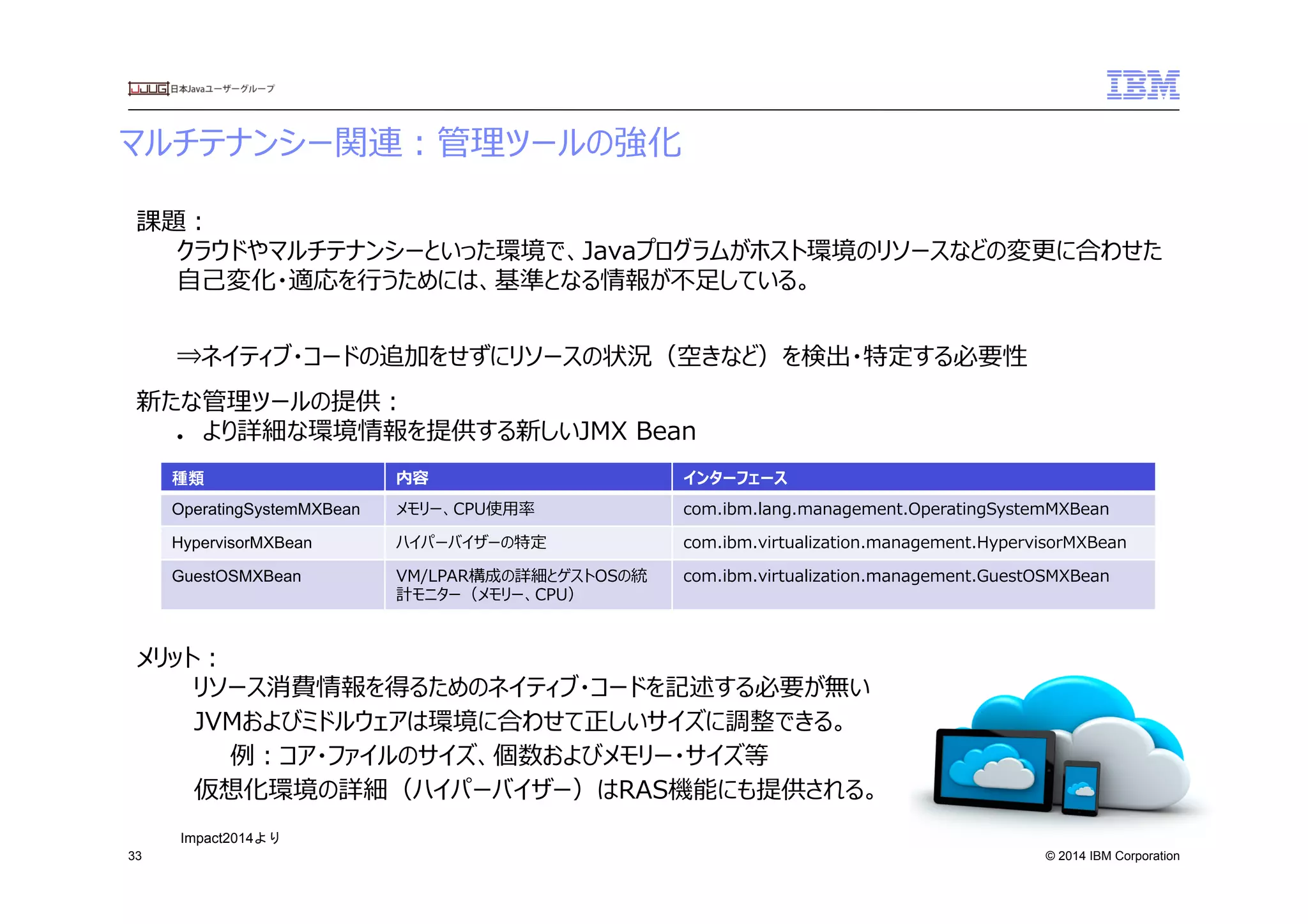 © 2014 IBM Corporation
マルチテナンシー関連：管理理ツールの強化
33
課題：
クラウドやマルチテナンシーといった環境で、Javaプログラムがホスト環境のリソースなどの変更更に合わせた
⾃自⼰己変化・適応を⾏行行うためには、基準となる情報が不不⾜足している。
⇒ネイティブ・コードの追加をせずにリソースの状況（空きなど）を検出・特定する必要性
新たな管理理ツールの提供：
●  より詳細な環境情報を提供する新しいJMX  Bean
メリット：
リソース消費情報を得るためのネイティブ・コードを記述する必要が無い
JVMおよびミドルウェアは環境に合わせて正しいサイズに調整できる。
例例：コア・ファイルのサイズ、個数およびメモリー・サイズ等
仮想化環境の詳細（ハイパーバイザー）はRAS機能にも提供される。
種類	
  内容 インターフェース
OperatingSystemMXBean	
  メモリー、CPU使⽤用率率率 com.ibm.lang.management.OperatingSystemMXBean
HypervisorMXBean	
  ハイパーバイザーの特定 com.ibm.virtualization.management.HypervisorMXBean
GuestOSMXBean	
  VM/LPAR構成の詳細とゲストOSの統
計モニター（メモリー、CPU）
com.ibm.virtualization.management.GuestOSMXBean
Impact2014より	
 
 