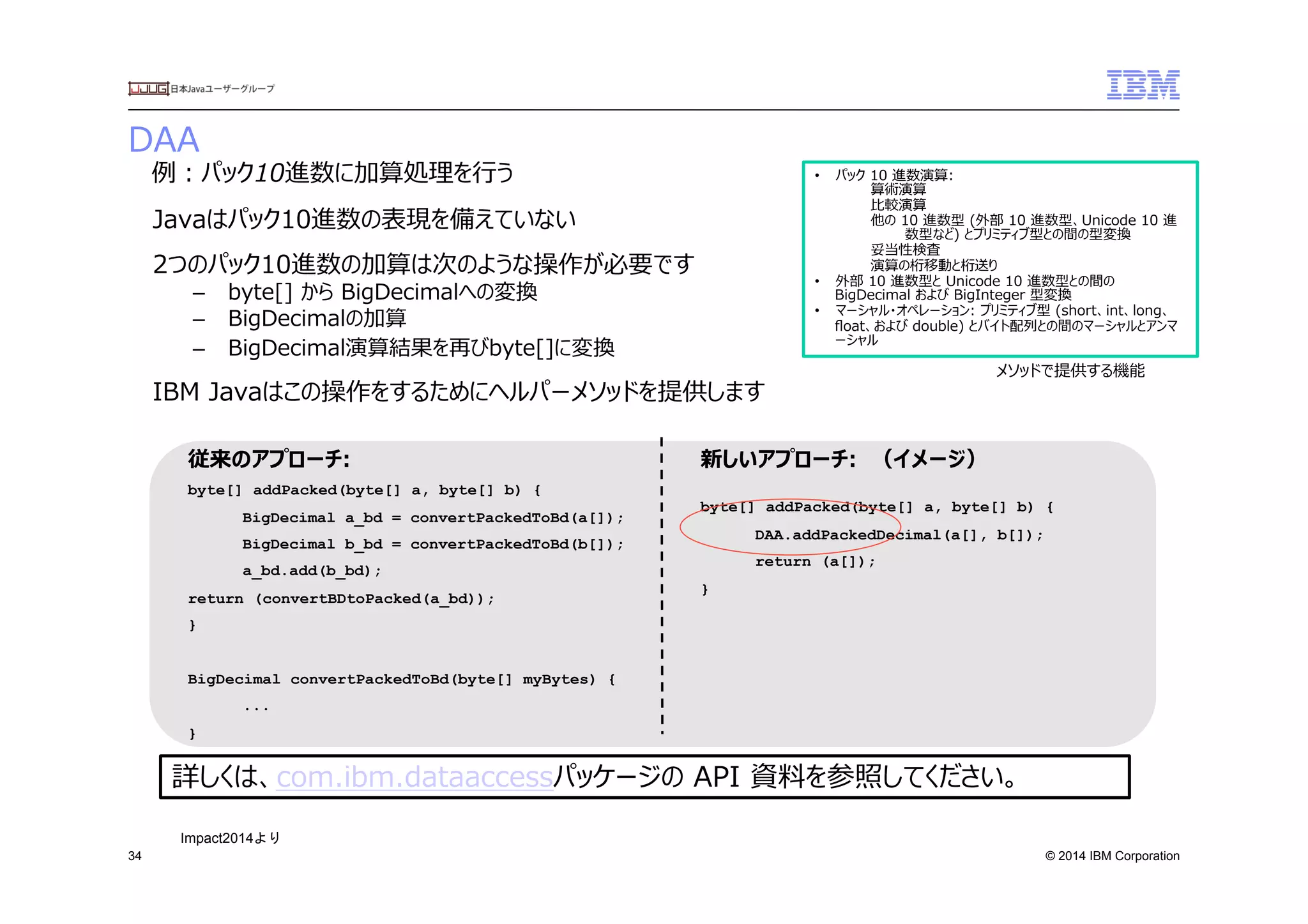 © 2014 IBM Corporation
DAA
34
Javaはパック10進数の表現を備えていない
2つのパック10進数の加算は次のような操作が必要です
–  byte[]  から  BigDecimalへの変換
–  BigDecimalの加算
–  BigDecimal演算結果を再びbyte[]に変換
IBM  Javaはこの操作をするためにヘルパーメソッドを提供します
従来のアプローチ:
byte[] addPacked(byte[] a, byte[] b) {
BigDecimal a_bd = convertPackedToBd(a[]);
BigDecimal b_bd = convertPackedToBd(b[]);
a_bd.add(b_bd);
return (convertBDtoPacked(a_bd));
}
BigDecimal convertPackedToBd(byte[] myBytes) {
...
}
新しいアプローチ:　（イメージ）
byte[] addPacked(byte[] a, byte[] b) {
DAA.addPackedDecimal(a[], b[]);
return (a[]);
}
例例：パック10進数に加算処理理を⾏行行う
詳しくは、com.ibm.dataaccessパッケージの  API  資料料を参照してください。
•  パック  10  進数演算:
算術演算
⽐比較演算
他の  10  進数型  (外部  10  進数型、Unicode  10  進
数型など)  とプリミティブ型との間の型変換
妥当性検査
演算の桁移動と桁送り
•  外部  10  進数型と  Unicode  10  進数型との間の  
BigDecimal  および  BigInteger  型変換
•  マーシャル・オペレーション:  プリミティブ型  (short、int、long、
ﬂoat、および  double)  とバイト配列列との間のマーシャルとアンマ
ーシャル
メソッドで提供する機能
Impact2014より	
 
 
