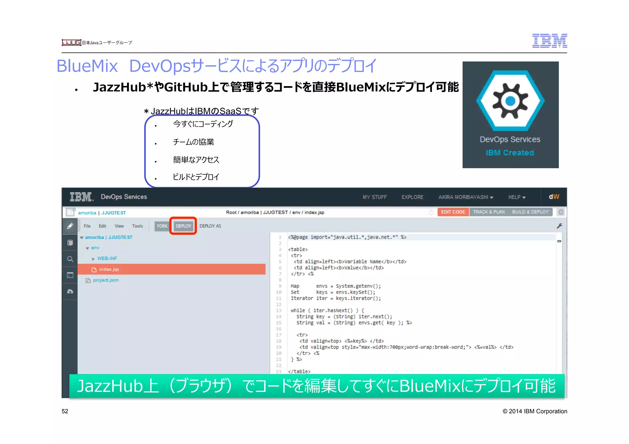 © 2014 IBM Corporation
BlueMix　DevOpsサービスによるアプリのデプロイ　
52
●  JazzHub*やGitHub上で管理理するコードを直接BlueMixにデプロイ可能
●  今すぐにコーディング
●  チームの協業
●  簡単なアクセス
●  ビルドとデプロイ
	
 	
 
JazzHub上（ブラウザ）でコードを編集してすぐにBlueMixにデプロイ可能
＊JazzHubはIBMのSaaSです	
 
 