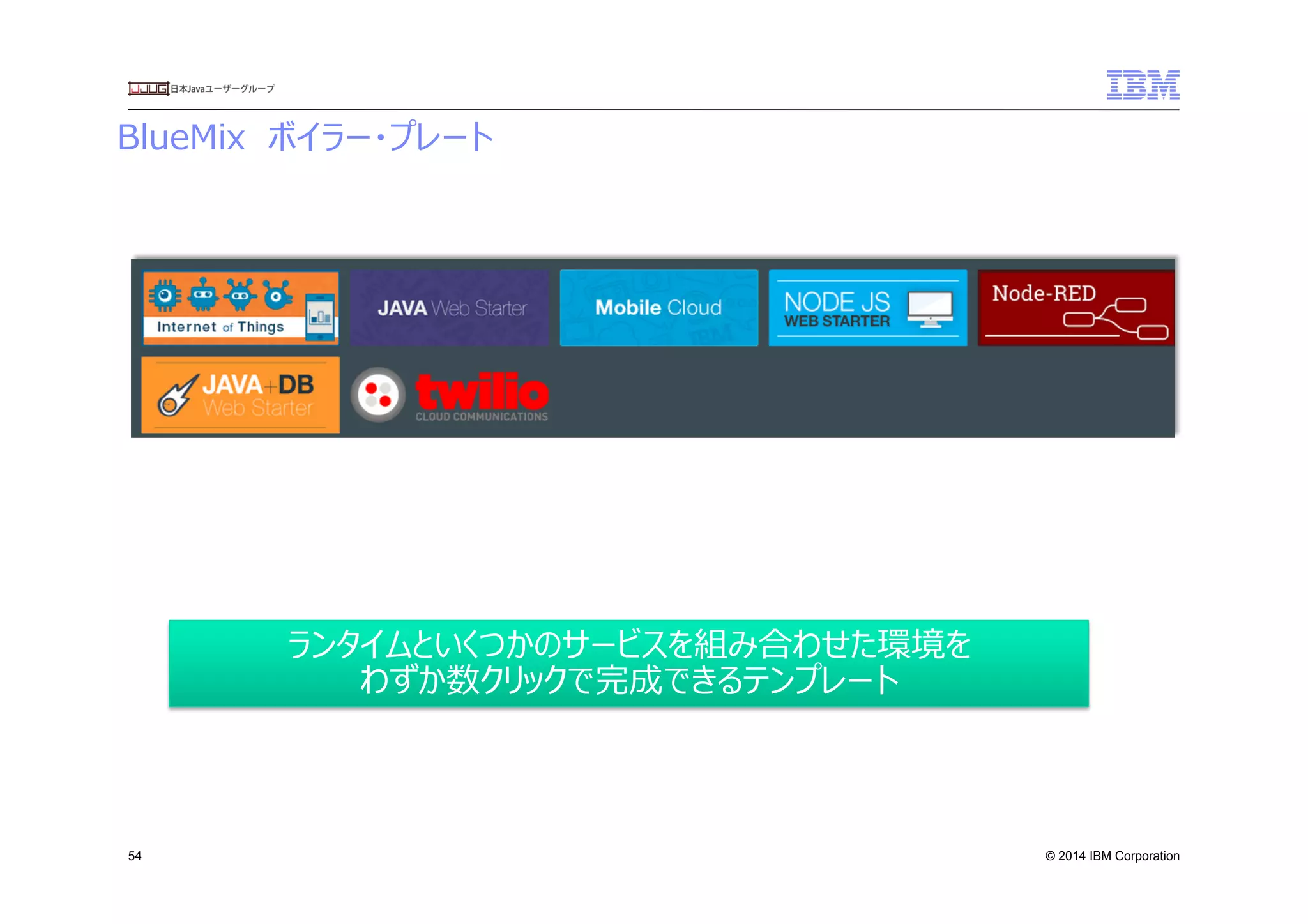 © 2014 IBM Corporation
BlueMix　ボイラー・プレート
54
ランタイムといくつかのサービスを組み合わせた環境を
わずか数クリックで完成できるテンプレート
 