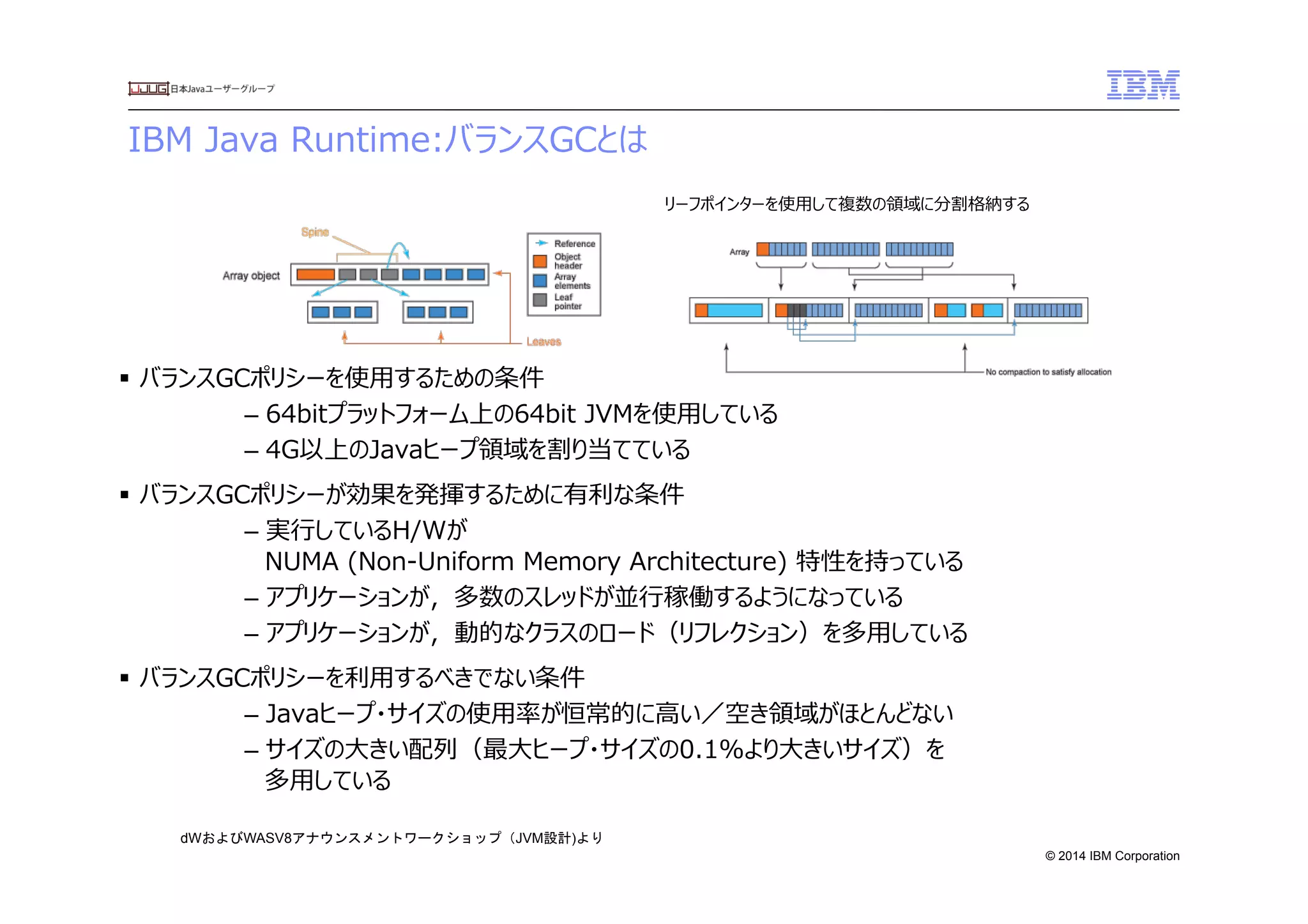 © 2014 IBM Corporation
IBM  Java  Runtime:バランスGCとは
§  バランスGCポリシーを使⽤用するための条件
–  64bitプラットフォーム上の64bit  JVMを使⽤用している
–  4G以上のJavaヒープ領領域を割り当てている
§  バランスGCポリシーが効果を発揮するために有利利な条件
–  実⾏行行しているH/Wが 
NUMA  (Non-‐‑‒Uniform  Memory  Architecture)  特性を持っている
–  アプリケーションが，多数のスレッドが並⾏行行稼働するようになっている
–  アプリケーションが，動的なクラスのロード（リフレクション）を多⽤用している
§  バランスGCポリシーを利利⽤用するべきでない条件
–  Javaヒープ・サイズの使⽤用率率率が恒常的に⾼高い／空き領領域がほとんどない
–  サイズの⼤大きい配列列（最⼤大ヒープ・サイズの0.1%より⼤大きいサイズ）を 
多⽤用している
リーフポインターを使⽤用して複数の領領域に分割格納する
dWおよびWASV8アナウンスメントワークショップ（JVM設計)より
 