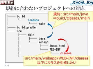 規約に合わないプロジェクトへの対応
16
├── build
│ └── classes
│ └── main
├── build.gradle
└── src
├── main
│ ├── java
│ └── webapp
│ ├── index.html
│ └── WEB-INF
│ └── classes
└── test
└── java
規約: src/main/java
⇒build/classes/main
src/main/webapp/WEB-INF/classes
以下にクラスを生成したい
 