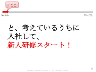 Copyright © Acroquest Technology Co., Ltd. All rights reserved.
と、考えているうちに
入社して、
新人研修スタート！
17
2013/04 2014/03
今ここ
 