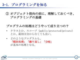3-1. プログラミングを知る
Copyright © Acroquest Technology Co., Ltd. All rights reserved.
26
① オブジェクト指向の前に、理解しておくべき、
プログラミングの基礎
プログラムの処理はどうやって成り立つの？
• クラスとか、スコープ（public/protected/private）
とか、最初は分からなくても良い。
• どのようなプログラムも、
「順次処理」「繰り返し」「分岐」
が基本の処理となる。
 