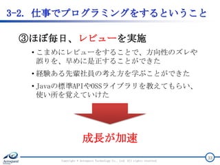 Copyright © Acroquest Technology Co., Ltd. All rights reserved.
33
③ほぼ毎日、レビューを実施
3-2. 仕事でプログラミングをするということ
• こまめにレビューをすることで、方向性のズレや
誤りを、早めに是正することができた
• 経験ある先輩社員の考え方を学ぶことができた
• Javaの標準APIやOSSライブラリを教えてもらい、
使い所を覚えていけた
成長が加速
 