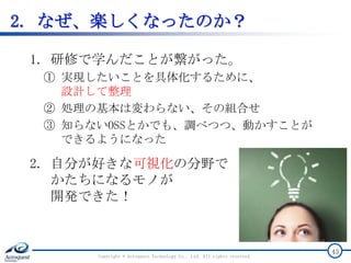 2. なぜ、楽しくなったのか？
Copyright © Acroquest Technology Co., Ltd. All rights reserved.
43
1. 研修で学んだことが繋がった。
① 実現したいことを具体化するために、
設計して整理
② 処理の基本は変わらない、その組合せ
③ 知らないOSSとかでも、調べつつ、動かすことが
できるようになった
2. 自分が好きな可視化の分野で
かたちになるモノが
開発できた！
 