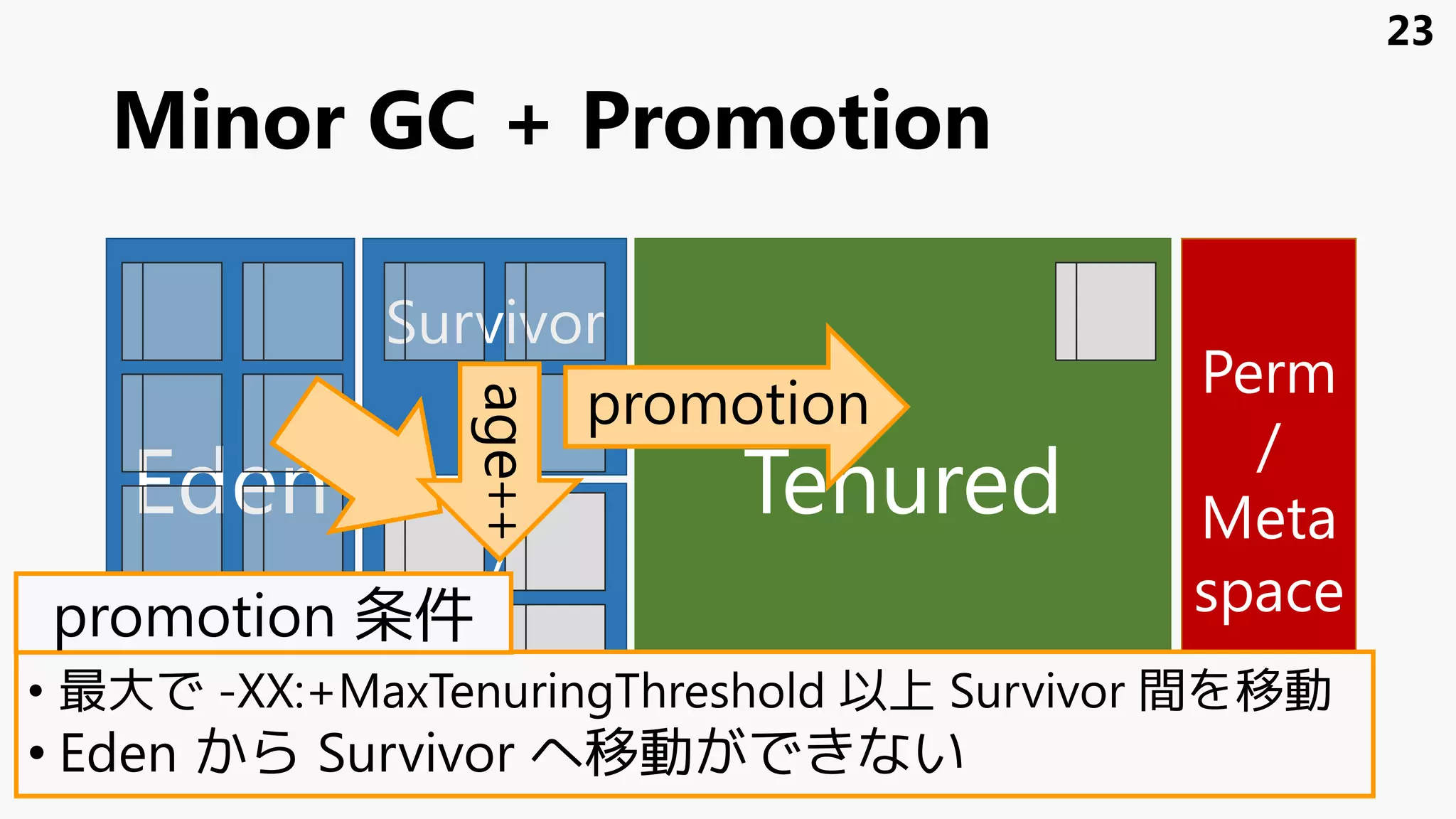 Minor GC + Promotion
Eden
Survivor
1
Survivor
0
Tenured
Perm
/
Meta
space
age++
promotion
23
• 最大で -XX:+MaxTenuringThreshold 以上 Survivor 間を移動
• Eden から Survivor へ移動ができない
promotion 条件
 