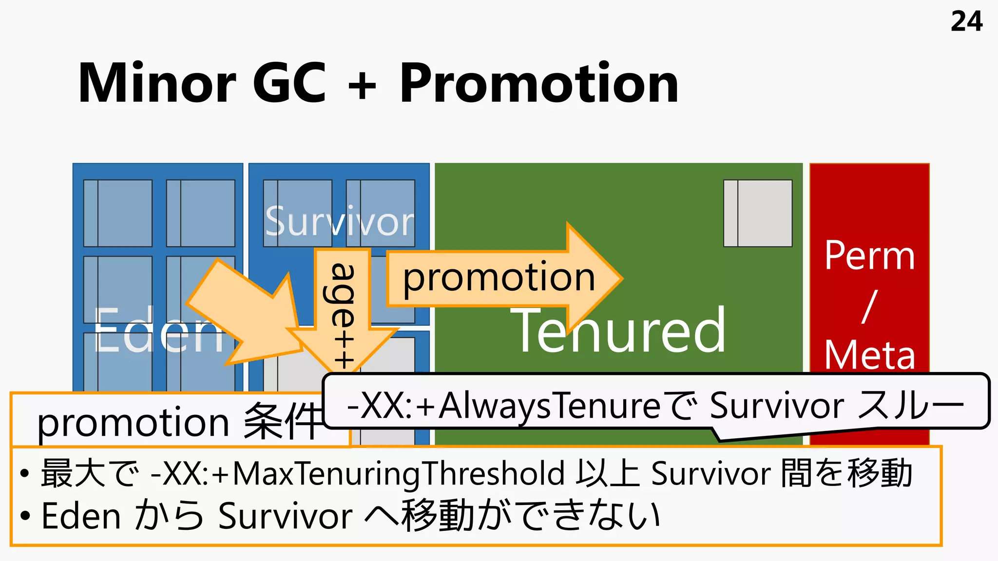Minor GC + Promotion
Eden
Survivor
1
Survivor
0
Tenured
Perm
/
Meta
space
age++
promotion
24
• 最大で -XX:+MaxTenuringThreshold 以上 Survivor 間を移動
• Eden から Survivor へ移動ができない
promotion 条件 -XX:+AlwaysTenureで Survivor スルー
 