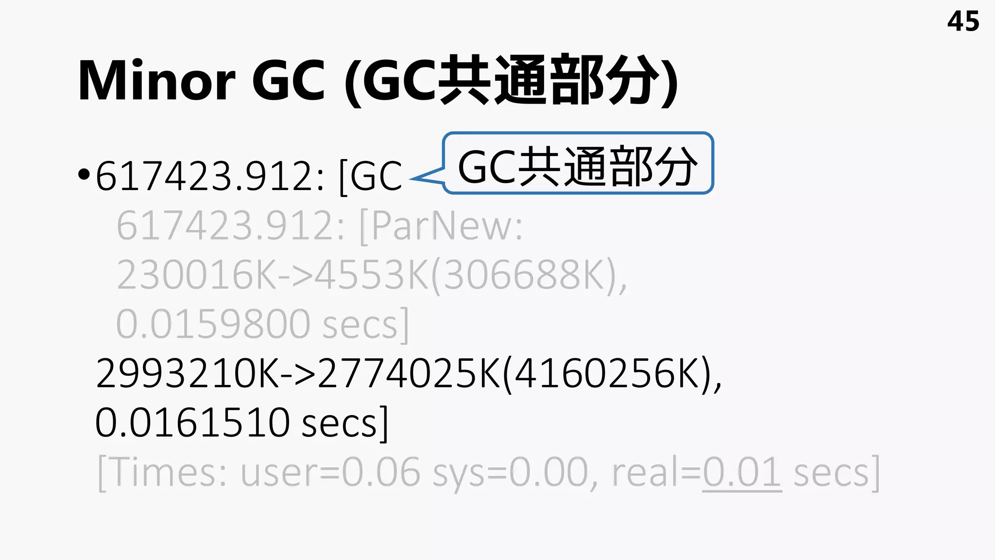 Minor GC (GC共通部分)
•617423.912: [GC
617423.912: [ParNew:
230016K->4553K(306688K),
0.0159800 secs]
2993210K->2774025K(4160256K),
0.0161510 secs]
[Times: user=0.06 sys=0.00, real=0.01 secs]
45
GC共通部分
 