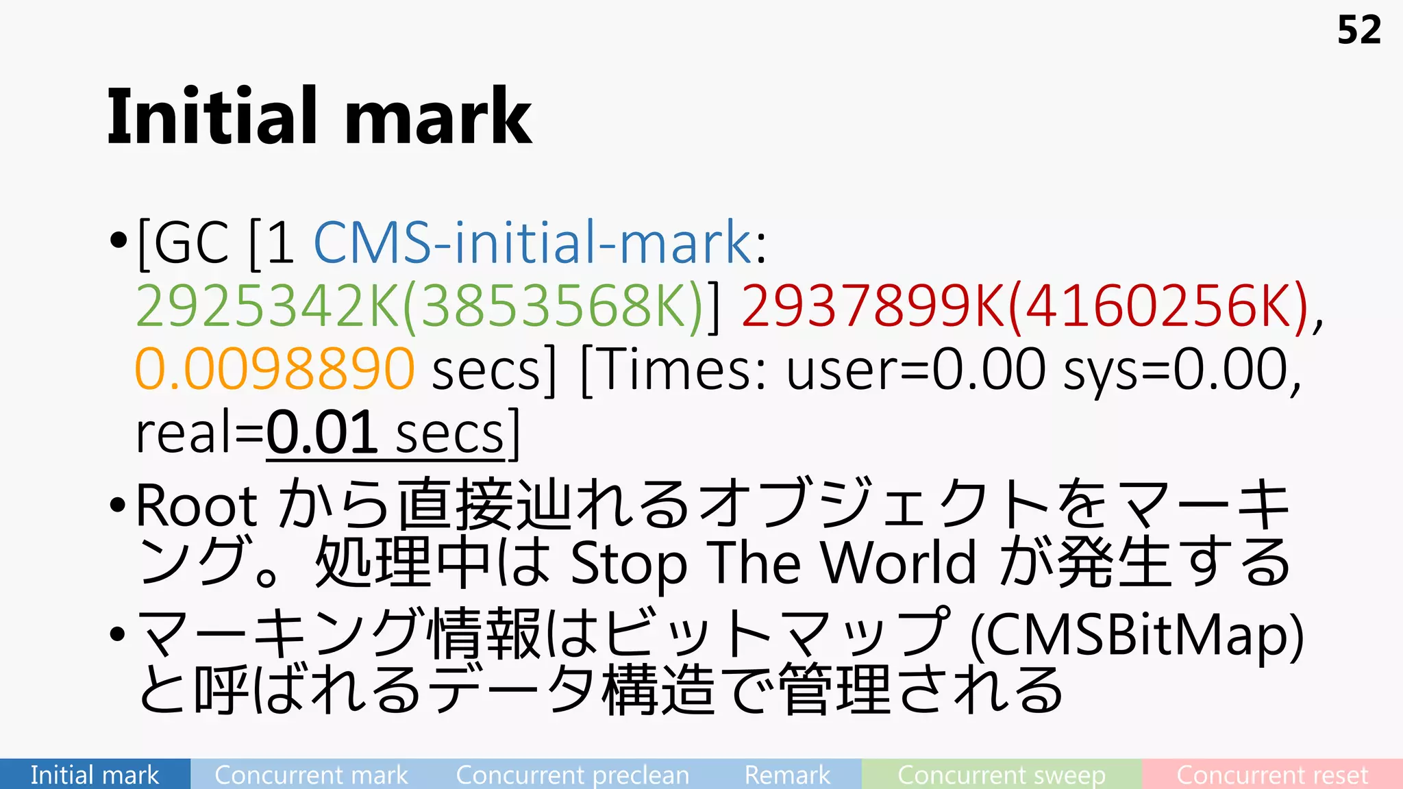Initial mark
•[GC [1 CMS-initial-mark:
2925342K(3853568K)] 2937899K(4160256K),
0.0098890 secs] [Times: user=0.00 sys=0.00,
real=0.01 secs]
•Root から直接辿れるオブジェクトをマーキ
ング。処理中は Stop The World が発生する
•マーキング情報はビットマップ (CMSBitMap)
と呼ばれるデータ構造で管理される
52
Initial mark Concurrent mark Concurrent preclean Remark Concurrent sweep Concurrent reset
 
