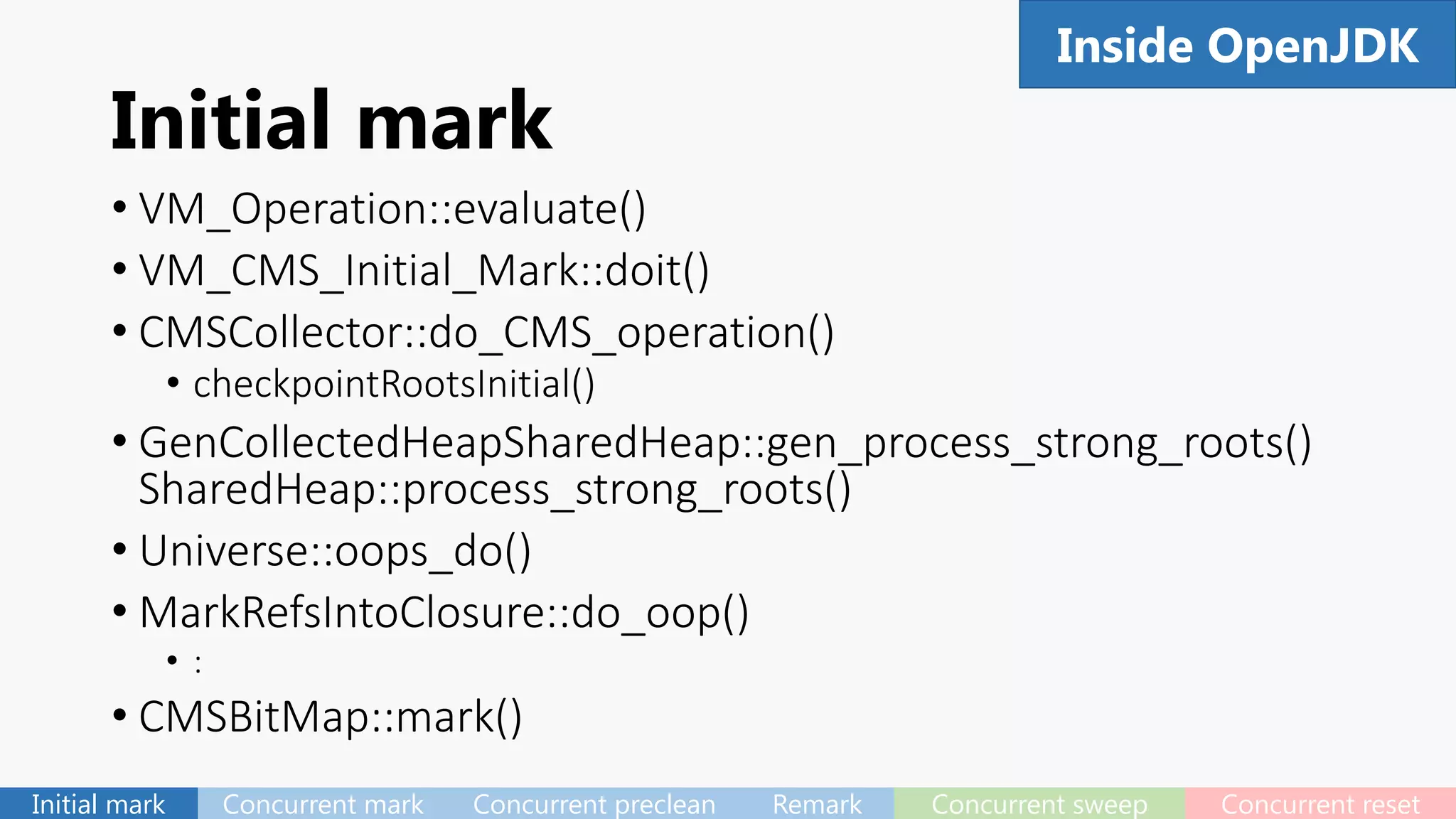 Initial mark
• VM_Operation::evaluate()
• VM_CMS_Initial_Mark::doit()
• CMSCollector::do_CMS_operation()
• checkpointRootsInitial()
• GenCollectedHeapSharedHeap::gen_process_strong_roots()
SharedHeap::process_strong_roots()
• Universe::oops_do()
• MarkRefsIntoClosure::do_oop()
• :
• CMSBitMap::mark()
54Inside OpenJDK
Initial mark Concurrent mark Concurrent preclean Remark Concurrent sweep Concurrent reset
 