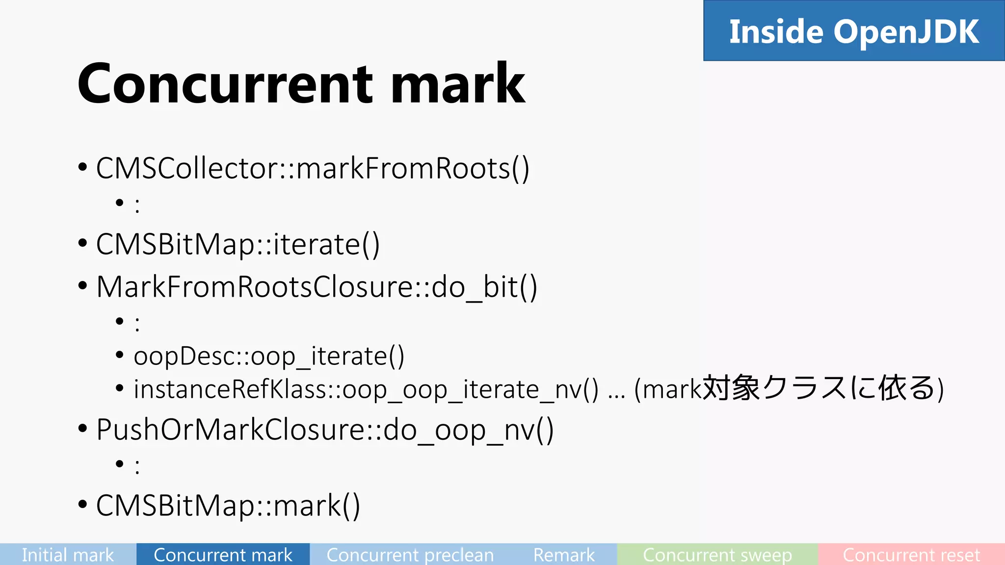 Concurrent mark
• CMSCollector::markFromRoots()
• :
• CMSBitMap::iterate()
• MarkFromRootsClosure::do_bit()
• :
• oopDesc::oop_iterate()
• instanceRefKlass::oop_oop_iterate_nv() … (mark対象クラスに依る)
• PushOrMarkClosure::do_oop_nv()
• :
• CMSBitMap::mark()
57Inside OpenJDK
Initial mark Concurrent mark Concurrent preclean Remark Concurrent sweep Concurrent reset
 