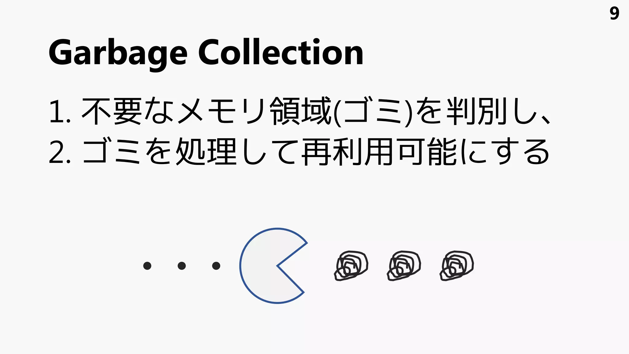 Garbage Collection
1. 不要なメモリ領域(ゴミ)を判別し、
2. ゴミを処理して再利用可能にする
9
 