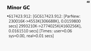 Minor GC
•617423.912: [GC617423.912: [ParNew:
230016K->4553K(306688K), 0.0159800
secs] 2993210K->2774025K(4160256K),
0.0161510 secs] [Times: user=0.06
sys=0.00, real=0.01 secs]
40
 