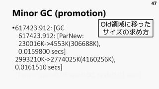 Minor GC (promotion)
•617423.912: [GC
617423.912: [ParNew:
230016K->4553K(306688K),
0.0159800 secs]
2993210K->2774025K(4160256K),
0.0161510 secs]
[Times: user=0.06 sys=0.00, real=0.01 secs]
47
Old領域に移った
サイズの求め方
 