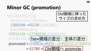 Minor GC (promotion)
•617423.912: [GC
617423.912: [ParNew:
230016K->4553K(306688K),
0.0159800 secs]
2993210K->2774025K(4160256K),
0.0161510 secs]
[Times: user=0.06 sys=0.00, real=0.01 secs]
48
New領域の差分 全体の差分
promoted = (230016-4553) - (2993210-2774025)
= 6278K Old領域へ promote
Old領域に移った
サイズの求め方
 