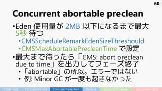 Concurrent abortable preclean
•Eden 使用量が 2MB 以下になるまで最大
5秒 待つ
•CMSScheduleRemarkEdenSizeThreshould
•CMSMaxAbortablePrecleanTime で設定
•最大まで待ったら「CMS: abort preclean
due to time」を出力してフェーズ終了
•「abortable」の所以。エラーではない
• 例: Minor GC が一度も起きなかった
60
Initial mark Concurrent mark Concurrent preclean Remark Concurrent sweep Concurrent reset
 