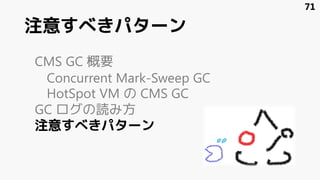 注意すべきパターン
CMS GC 概要
Concurrent Mark-Sweep GC
HotSpot VM の CMS GC
GC ログの読み方
注意すべきパターン
71
 
