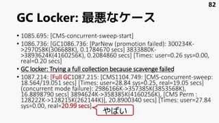 GC Locker: 最悪なケース
• 1085.695: [CMS-concurrent-sweep-start]
• 1086.736: [GC1086.736: [ParNew (promotion failed): 300234K-
>297058K(306688K), 0.1784670 secs] 3833880K-
>3893624K(4160256K), 0.2084860 secs] [Times: user=0.26 sys=0.00,
real=0.20 secs]
• GC locker: Trying a full collection because scavenge failed
• 1087.214: [Full GC1087.215: [CMS1104.749: [CMS-concurrent-sweep:
18.564/19.051 secs] [Times: user=28.84 sys=0.25, real=19.05 secs]
(concurrent mode failure): 2986166K->357385K(3853568K),
16.8898790 secs] 3894624K->358385K(4160256K), [CMS Perm :
128222K->128215K(262144K)], 20.8900340 secs] [Times: user=27.84
sys=0.00, real=20.99 secs]
82
やばい
 
