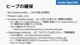 ヒープの確保
• JNI_CreateJavaVM() … JVM 作成＆初期化
• Threads::create_vm()
• Universe::initialize_heap() … GC に応じた各メモリ管理の初期化
• GC に基づいて CollectedHeap(ヒープ領域の定義クラス), CollectorPolicy (メ
モリ管理方針の定義クラス) を作成。
• CMS の場合はそれぞれ以下。
• (AS)ConcurrentMarkSweepPolicy(), GenCollectedHeap()
• CollectHeap::initialize() … GC アルゴリズム応じたヒープ領域確保
• CMSの場合は、GenCollectedHeap::initialize()
• ConcurrentMarkSweepPolicy(), GenCollectorPolicy::initialize_all()
• ヒープ空間の各世代に対応する Generation オブジェクトを作成
• CMS GC Thread の作成
90Inside OpenJDK
 