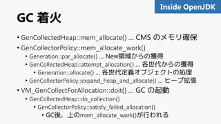 GC 着火
• GenCollectedHeap::mem_allocate() … CMS のメモリ確保
• GenCollectorPolicy::mem_allocate_work()
• Generation::par_allocate() … New領域からの獲得
• GenCollectedHeap::attempt_allocation() … 各世代からの獲得
• Generation::allocate() … 各世代定義オブジェクトの処理
• GenCollectorPolicy::expand_heap_and_allocate() … ヒープ拡張
• VM_GenCollectForAllocation::doit() … GC の起動
• GenCollectedHeap::do_collection()
• GenCollectorPolicy::satisfy_failed_allocation()
• GC後、上のmem_allocate_work()が行われる
92Inside OpenJDK
 