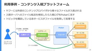 Copyright (C) 2017 Yahoo Japan Corporation. All Rights Reserved. 無断引用・転載禁止 20
利⽤事例 - コンテンツ⼊稿プラットフォーム
▪ ヤフーには外部のコンテンツプロバイダから様々なファイルが⼊稿される
▪ ⼊稿サーバへのファイル転送を検知したら⼊稿ログをPulsarに流す
▪ トピックを購読している各サービスがファイルを取得して処理する
Producer
Consumer
トピック
サービスA
Pulsar
コンテンツの⼊稿ログ
をPulsarに流す
ファイルを取得
Consumer
サービスB
Consumer
サービスC
⼊稿サーバ
コンテンツ
プロバイダ
天気情報、地図情報、
ニュース、etc.
ログサーバ
 