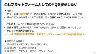 Copyright (C) 2017 Yahoo Japan Corporation. All Rights Reserved. 無断引用・転載禁止 9
全社プラットフォームとしてのMQを提供したい
■背景：
▪ ヤフーには100程度のサービスがあり、それぞれに開発/運⽤チームが存在
▪ バックエンドの処理（システム連携、データ解析 etc.）にMQを利⽤したい
しかし各チームそれぞれがMQを持つことになると
▪ 設備・運⽤コストが増え、本来やりたかったサービス開発に集中できない
▪ ナレッジが社内で分散する
→ サービス横断で利⽤可能な、全社プラットフォームとしてのMQを提供したい
■求められる要件：
1. ⾼いパフォーマンス / スケーラビリティ
2. 複数のサービスが同居できる
3. 複数のデータセンター間でのレプリケーション
 