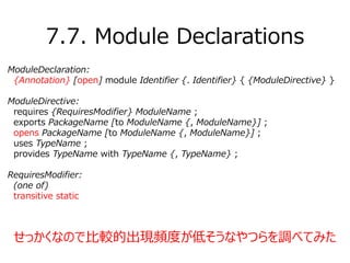 ModuleDeclaration:
{Annotation} [open] module Identifier {. Identifier} { {ModuleDirective} }
ModuleDirective:
requires {RequiresModifier} ModuleName ;
exports PackageName [to ModuleName {, ModuleName}] ;
opens PackageName [to ModuleName {, ModuleName}] ;
uses TypeName ;
provides TypeName with TypeName {, TypeName} ;
RequiresModifier:
(one of)
transitive static
7.7. Module Declarations
せっかくなので比較的出現頻度が低そうなやつらを調べてみた
 