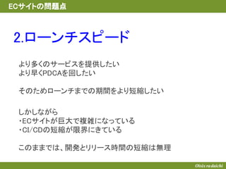 2.ローンチスピード
より多くのサービスを提供したい
より早くPDCAを回したい
そのためローンチまでの期間をより短縮したい
しかしながら
・ECサイトが巨大で複雑になっている
・CI/CDの短縮が限界にきている
このままでは、開発とリリース時間の短縮は無理
ECサイトの問題点
 
