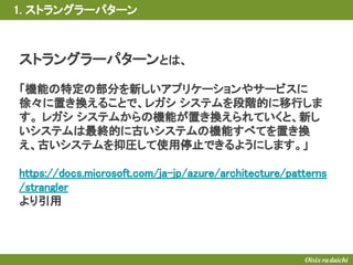 1. ストラングラーパターン
ストラングラーパターンとは、
「機能の特定の部分を新しいアプリケーションやサービスに
徐々に置き換えることで、レガシ システムを段階的に移行しま
す。 レガシ システムからの機能が置き換えられていくと、新し
いシステムは最終的に古いシステムの機能すべてを置き換
え、古いシステムを抑圧して使用停止できるようにします。」
https://docs.microsoft.com/ja-jp/azure/architecture/patterns
/strangler
より引用
 