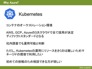 Why Azure?
コンテナのオーケストレーション環境
AWS、GCP、Azureの3大クラウドで全て採用が決定
ディファクトスタンダードとなる
社内調査でも運用可能と判断
ただし、Kubernetesの運用にリソースをさくのは難しいためマ
ネージドの環境で利用したい
初めての挑戦のため相談できる方が欲しい
Kubernetes
 