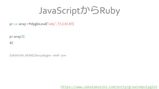 JavaScriptからRuby
js>vararray= Polyglot.eval("ruby","[1,2,42,4]")
js> array[2]
42
[GRAALVM_HOME]/bin/polyglot --shell --jvm
https://www.sakatakoichi.com/entry/graalvmpolyglot
 