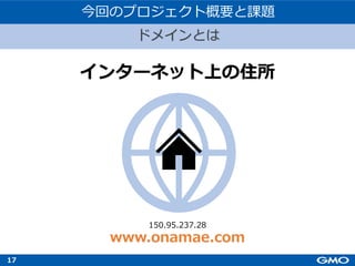 17
ドメインとは︖
ドメインとは
今回のプロジェクト概要と課題
インターネット上の住所
150.95.237.28
www.onamae.com
 