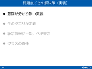 55
問題点ごとの解決策（実装）
l 意図が分かり難い実装
l ⽣のクエリが定義
l 設定情報が⼀部、ベタ書き
l クラスの責任
 