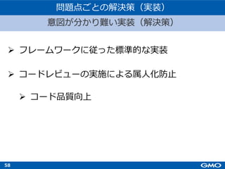 58
Ø フレームワークに従った標準的な実装
Ø コードレビューの実施による属⼈化防⽌
Ø コード品質向上
意図が分かり難い実装（解決策）
問題点ごとの解決策（実装）
意図が分かり難い実装 解決策
 