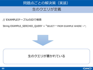 60
⽣のクエリが定義
問題点ごとの解決策（実装）
// EXAMPLEテーブルのIDで検索
String EXAMPLE_SERCHID_QUERY = “SELECT * FROM EXAMPLE WHERE 〜“;
⽣のクエリが書かれている
 