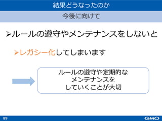 89
Øルールの遵守やメンテナンスをしないと
Øレガシー化してしまいます
ルールの遵守や定期的な
メンテナンスを
していくことが⼤切
今後に向けて
結果どうなったのか
 