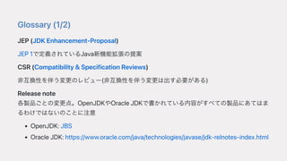Glossary(1/2)
JEP(JDKEnhancement-Proposal)
JEP1で定義されているJava新機能拡張の提案
CSR(Compatibility&SpecificationReviews)
⾮互換性を伴う変更のレビュー(⾮互換性を伴う変更は出す必要がある)
Releasenote
各製品ごとの変更点。OpenJDKやOracleJDKで書かれている内容がすべての製品にあてはま
るわけではないのことに注意
OpenJDK:JBS
OracleJDK:https://www.oracle.com/java/technologies/javase/jdk-relnotes-index.html
 