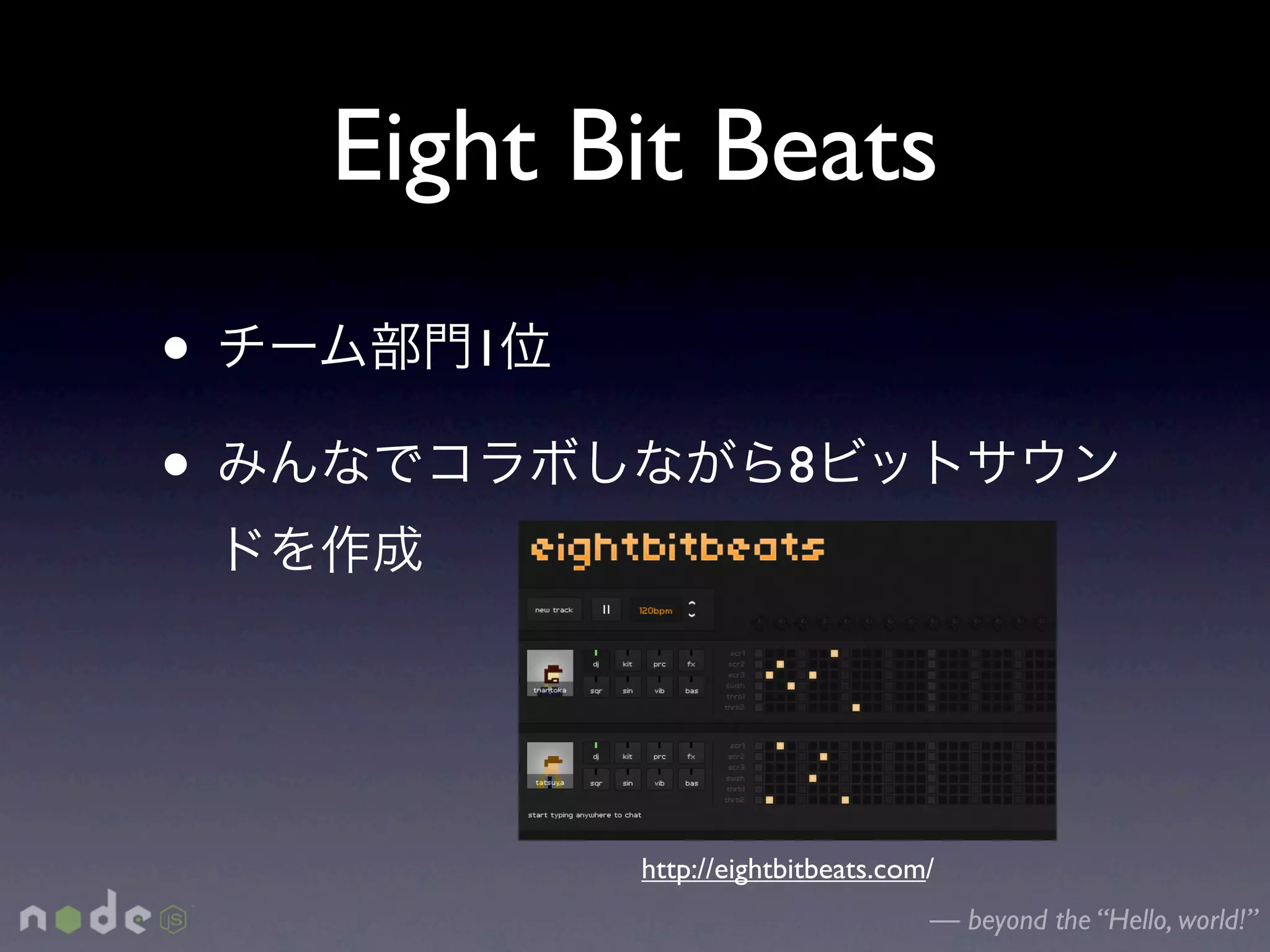 Eight Bit Beats
•      1

•                      8




           http://eightbitbeats.com/
                                   — beyond the “Hello, world!”
 