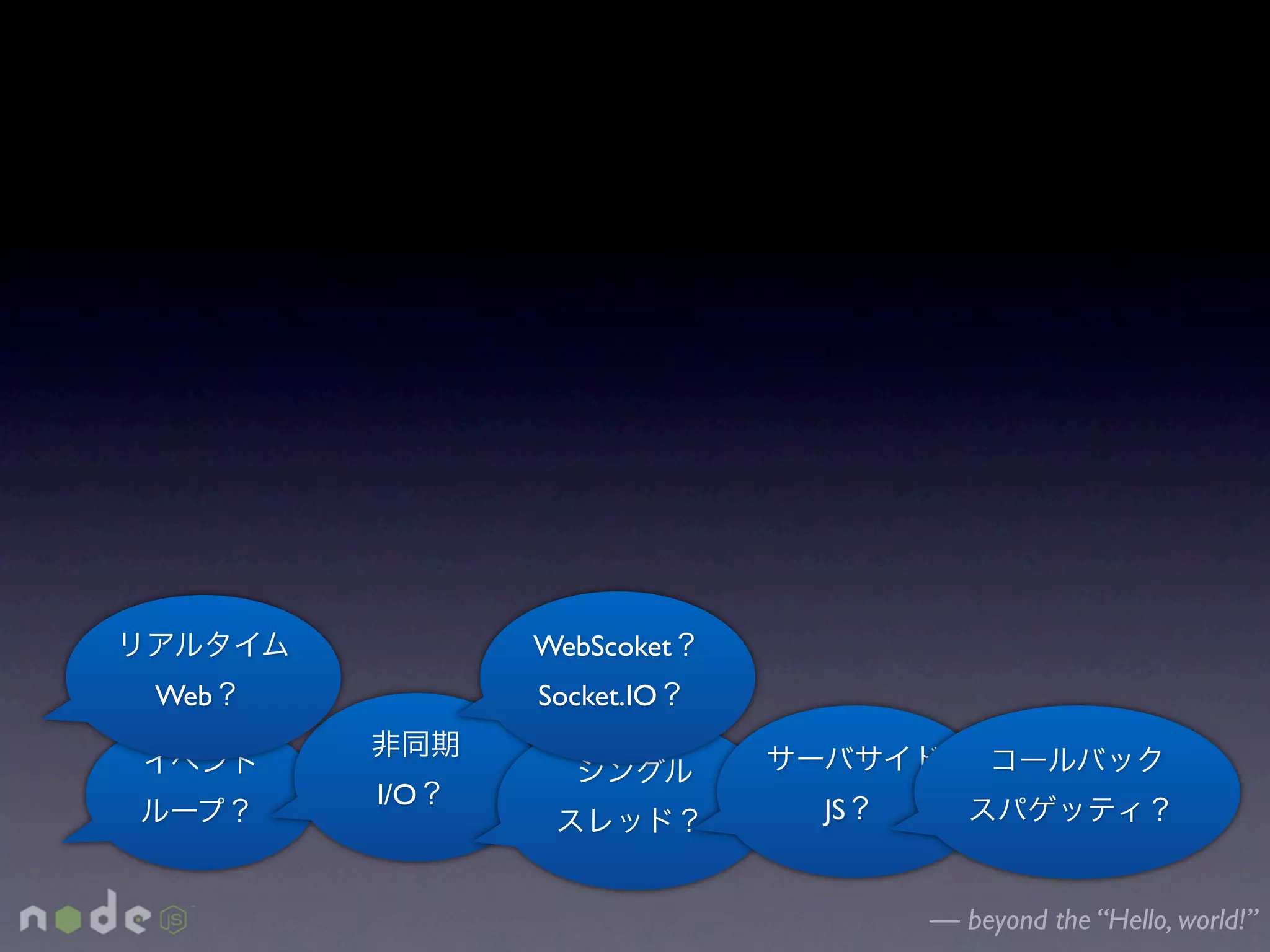 WebScoket
Web         Socket.IO


      I/O               JS


                             — beyond the “Hello, world!”
 