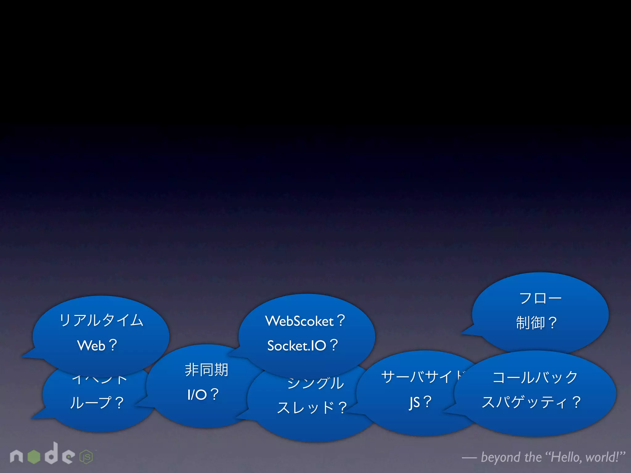 WebScoket
Web         Socket.IO


      I/O               JS


                             — beyond the “Hello, world!”
 