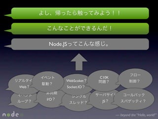 Node.JS




                         C10K
             WebScoket
Web          Socket.IO


      I/O                 JS


                                — beyond the “Hello, world!”
 