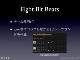 Eight Bit Beats
•      1

•                      8




           http://eightbitbeats.com/
                                   — beyond the “Hello, world!”
 